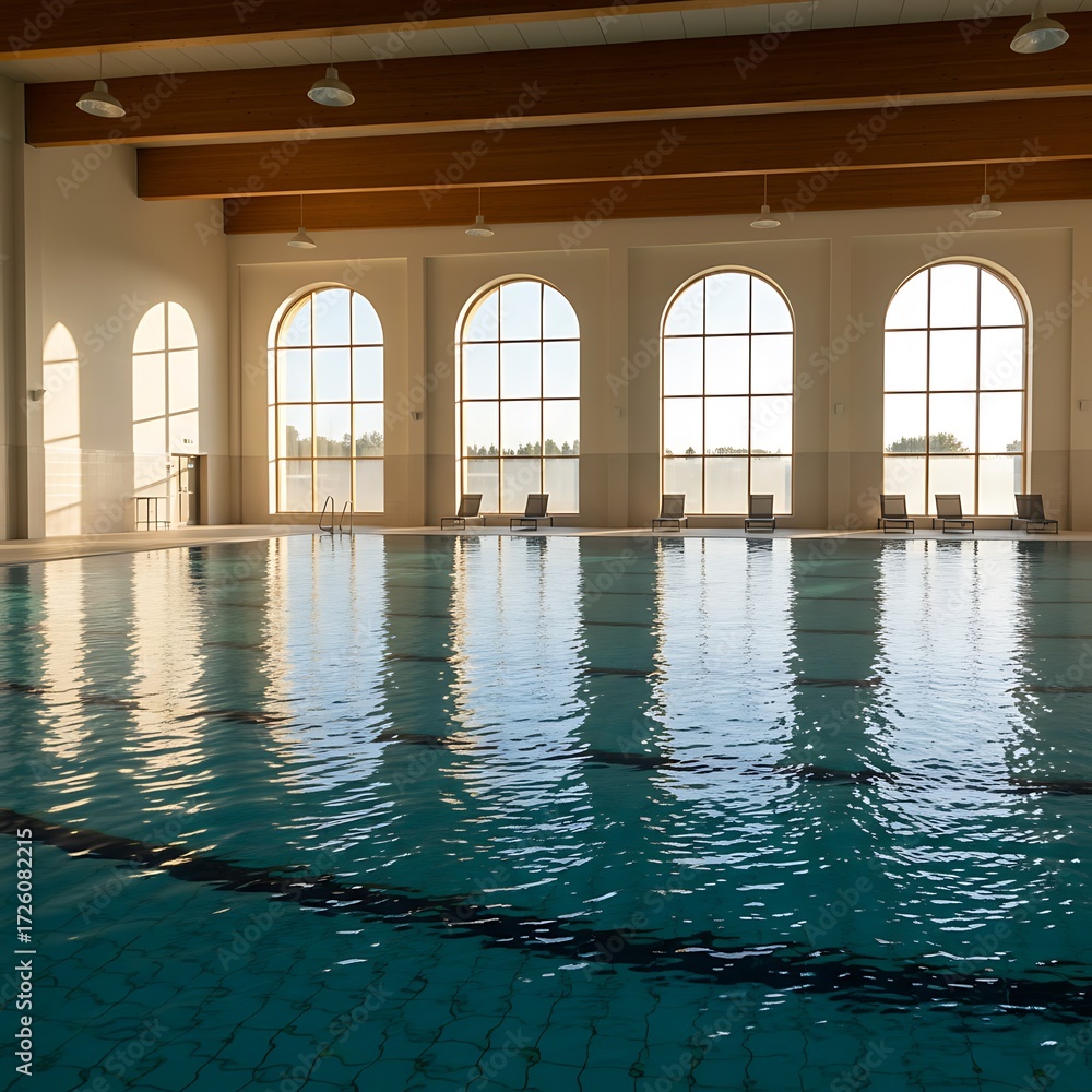 Fototapeta premium A spacious indoor swimming pool bathed in natural light from large arched windows. Clean lines and a tranquil atmosphere are evident. Loungers line the poolside.