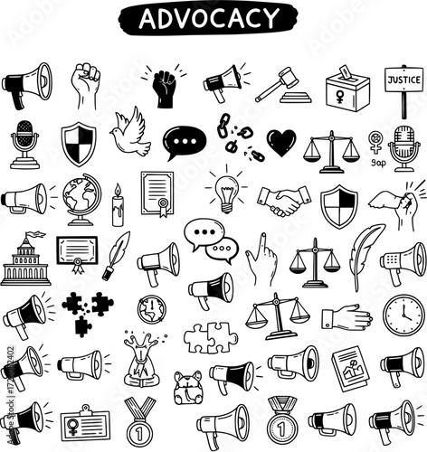 Advocacy, Human Rights, and Justice Vector Icons. A collection of hand-drawn symbols for communication, protest, equality, and law.