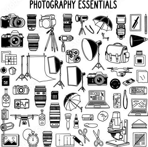 Black and White Line Art Collection of Photography Essentials: Cameras, Lenses, Studio Lighting, Drones, and Accessories for Professional and Hobbyist Photographers