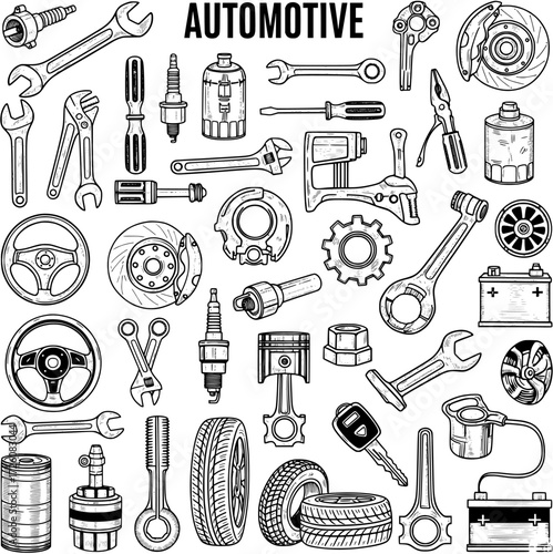 Detailed hand-drawn vector sketch collection of automotive tools, car parts, and mechanic equipment for repair and maintenance.