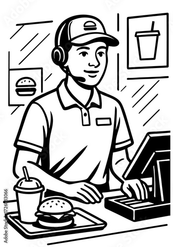 Fast food cashier serves customers at busy counter during lunch rush