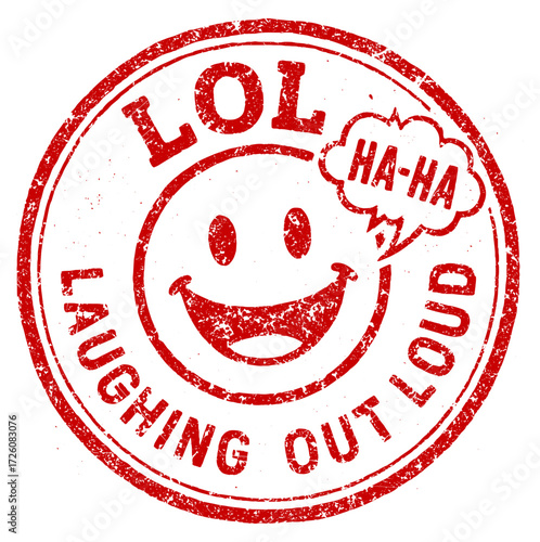 Rubber stamp showcasing LOL with smiling face and speech bubble