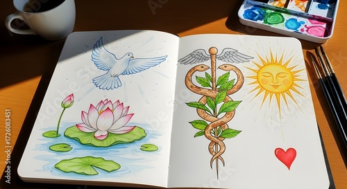 Open sketchbook displaying colorful watercolor illustrations of a dove, lotus flower, caduceus, sun with a face, and a heart symbol.