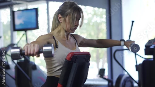 Shoulder Workout: Strong blonde woman doing lateral dumbbell raises on a bench in the fitness club