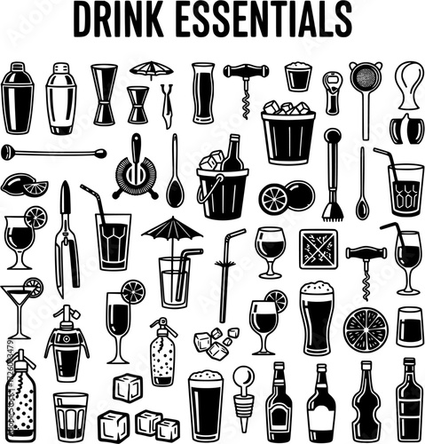 Drink Essentials Vector Icons Set. Collection of Barware, Cocktail Preparation Tools, Alcoholic Beverages, and Glassware in Black and White Silhouette Style.