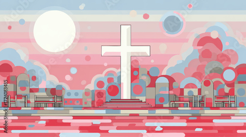 a graphic design featuring a tall cross in the center surrounded by colorful circles and abstract shapes1
