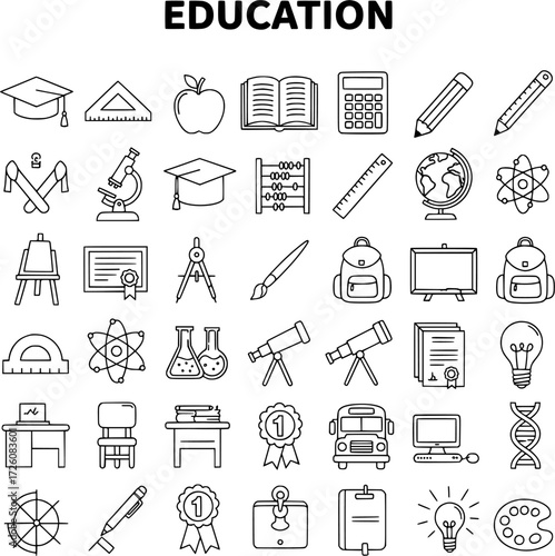 Education and School Supplies Line Icons Set - Academic Symbols, Learning Tools, Science, and Art Pictograms for University and College