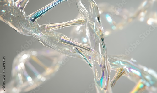 Hyper-detailed translucent dna helix floating gracefully in soft neutral background with shimmering glass reflections and subtle light refractions