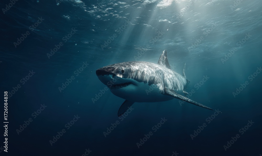 Fototapeta premium Majestic Great White Shark Swimming in Deep Blue Ocean.