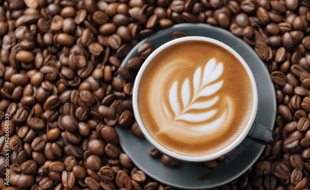 Fototapeta premium Warm coffee drink with frothy milk art, served in a cup, surrounded by roasted aromatic coffee beans