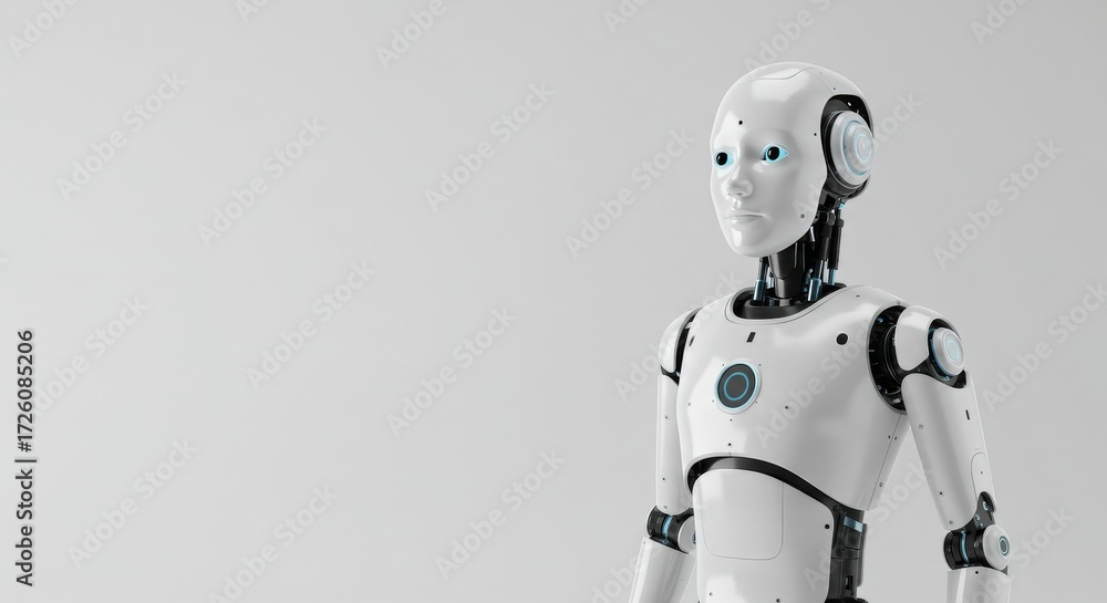 Fototapeta premium Futuristic White Humanoid Robot Standing Against a Clean White Background, AI Concept.