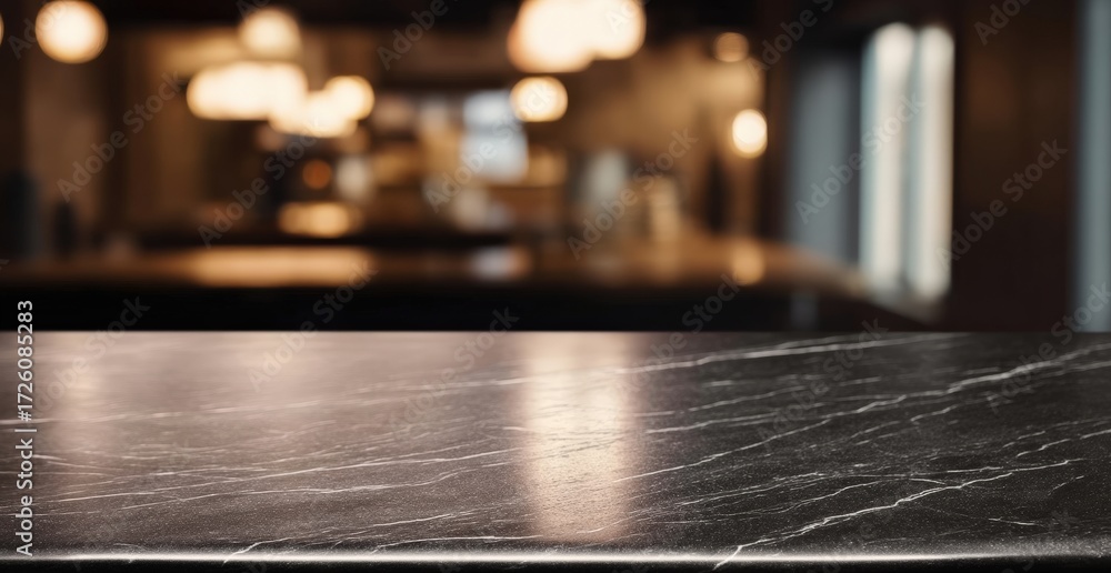 Obraz premium Empty black marble tabletop showing white veins, reflecting light, with a blurred modern kitchen interior in background