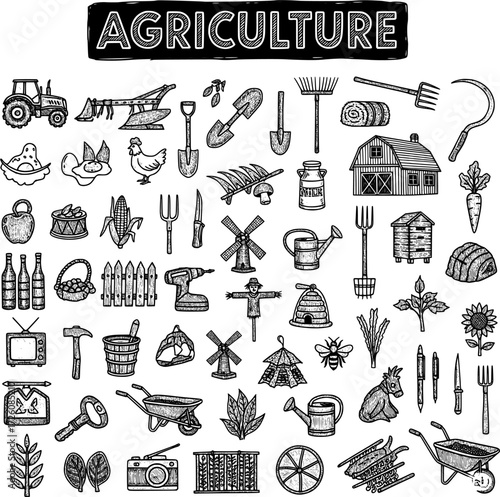 Hand-drawn doodle set of agriculture and farming elements: tools, animals, crops, and rural objects in a vintage sketch style, isolated.