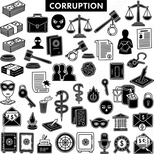 Corruption related icons set: crime, justice, finance, and political symbols illustrating bribery, fraud, and illicit activities.