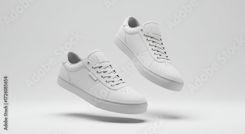 Pristine White Casual Sneakers Floating Dynamically on a Clean Minimalist Background.
