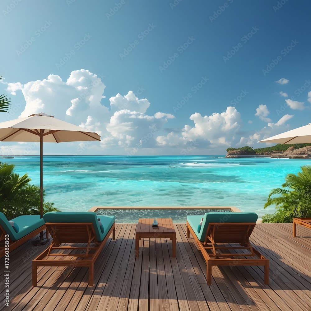 Obraz premium Outdoor Beachside Patio with Lounge Chairs and Ocean View