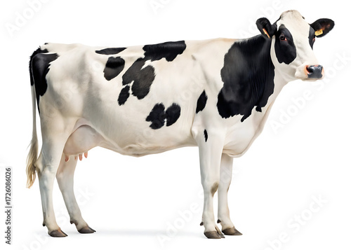 A full body side view of a black and white holstein cow standing on a white background in a studio shot