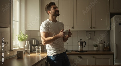 Thoughtful Man Savoring Morning Coffee in Sunlit Kitchen.