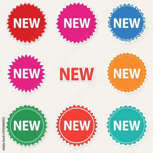 Collection of vibrant promotional seals and stickers for recent arrivals and special offers for customers