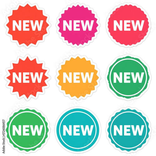 Collection of colorful product promotion badges and marketing stickers indicating freshly available items for sale