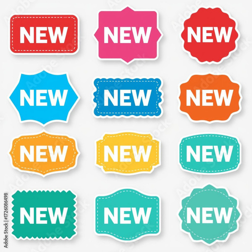 Collection of colorful promotional labels and stickers for fresh products and special offers available now online