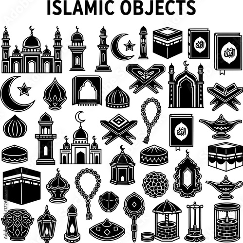 Islamic Objects Line Art: Mosque, Crescent Moon, Quran, Kaaba - Vector Illustration