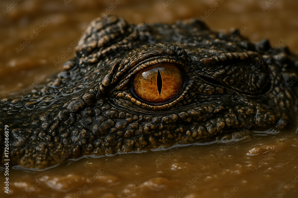 Obraz premium Staring into the Soul of the Beast: A captivating close-up of an alligator, its piercing, golden eye reflecting the mystery of the primeval world. Its textured.