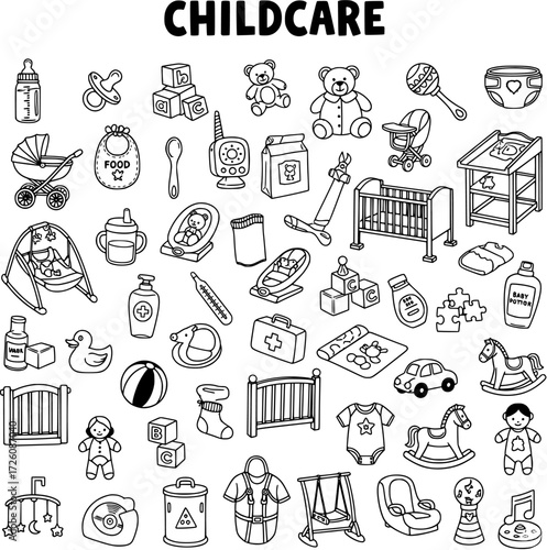 Childcare and Baby Essentials Collection: Outline vector illustration set of baby gear, nursery items, toys, and accessories for newborns and toddlers.
