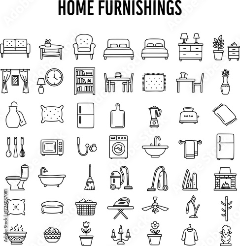 Extensive Collection of Home Furnishings Line Icons. Includes Furniture, Household Appliances, Kitchenware, Bathroom Fixtures, and Interior Decor Elements.