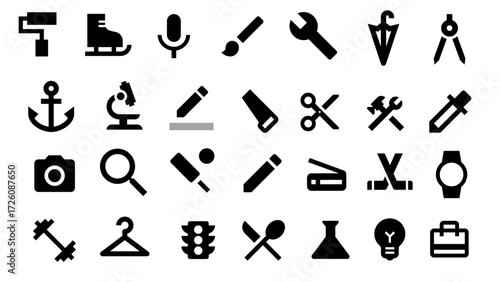 Mixed Icon Set – Tools, Science, Music, Transportation, Camera, Clothes, Kitchen, and Office Symbols Collection