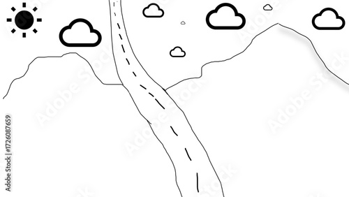 Mountain Landscape with Road, Clouds, and Sun – Simple Line Drawing Nature Illustration