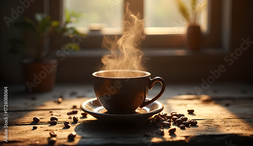 cup of coffee on wooden table