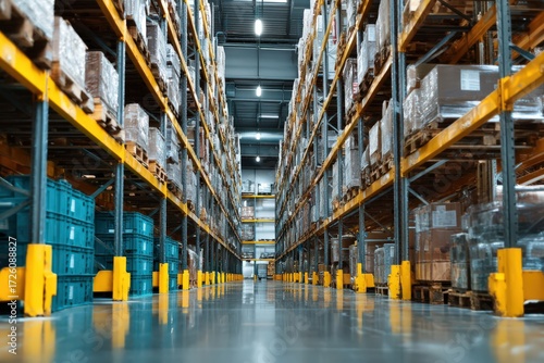 A vast spacious warehouse interior showcasing organized industrial shelving units filled with stacked pallets and storage containers under bright overhead lighting emphasizing logistical