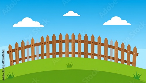A cartoon scene shows a green hill, a wooden picket fence, three white clouds against a light blue sky, with some grass