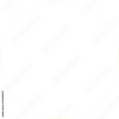 This is a minimalist graphic image featuring a large circle composed entirely of small, yellow dots. These dots are evenly spaced and form a perfect circular outline against a plain.