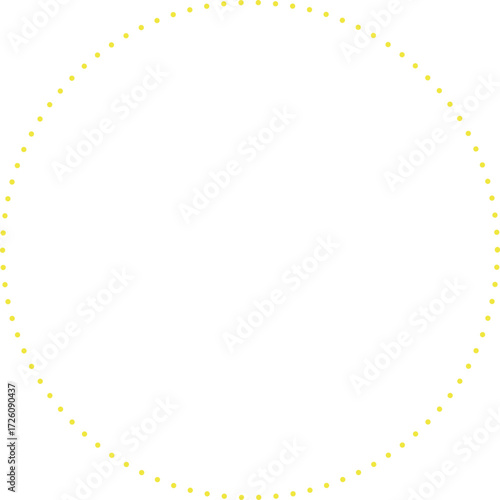 This is a minimalist graphic image featuring a large circle composed entirely of small, yellow dots. These dots are evenly spaced and form a perfect circular outline against a plain.