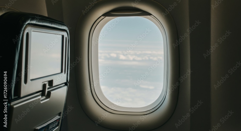 Naklejka premium Serene Airplane Window View - Bright Clouds Over Ocean, Seatback Screen, Calm Flight Perspective.