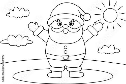 Cheerful cartoon Santa Claus with open arms under the sun and clouds christmas holiday