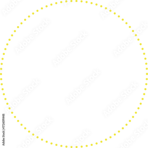 This is a minimalist graphic image featuring a large circle composed entirely of small, yellow dots. These dots are evenly spaced and form a perfect circular outline against a plain.