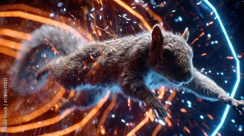 Obraz premium Energetic grey squirrel captured mid motion amidst abstract glowing light streams