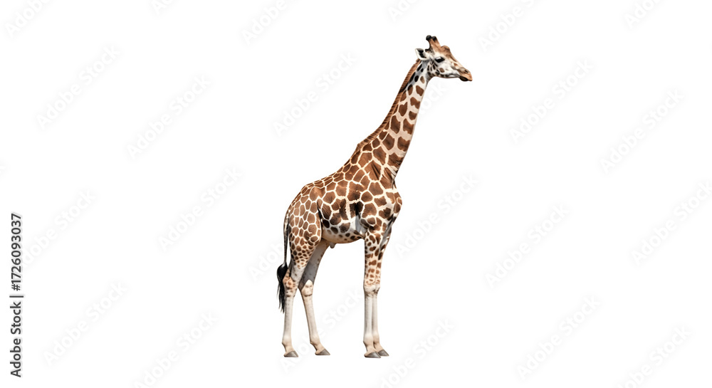 Naklejka premium Giraffe standing tall detailed view isolated on white background.