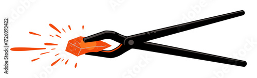 Blacksmith Tongs Holding Hot Glowing Metal Ingot with Sparks