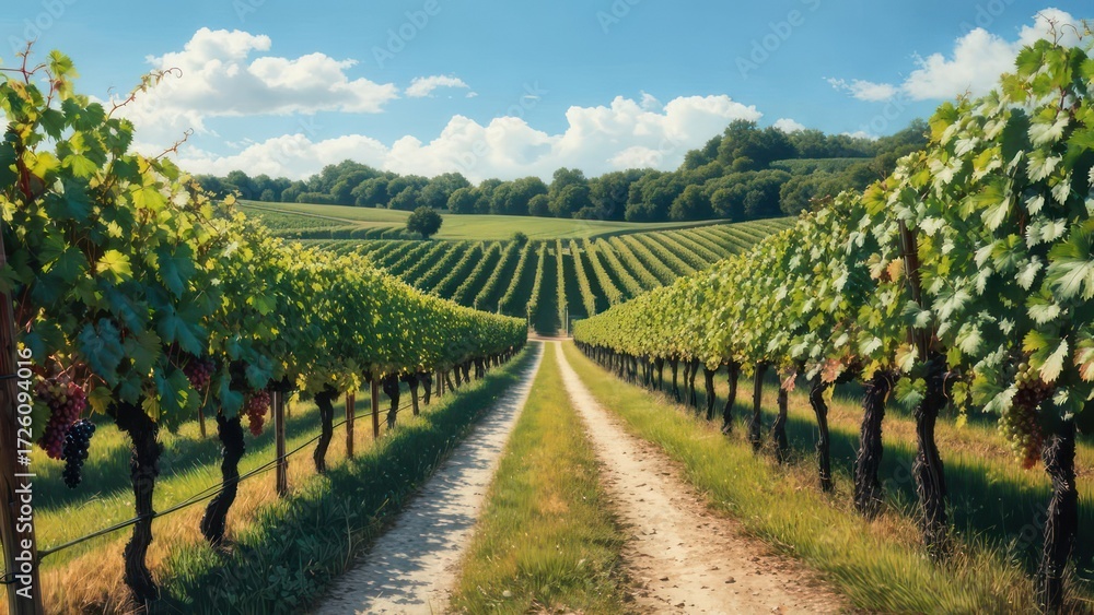 Fototapeta premium Vineyard landscape with dirt road and rolling hills