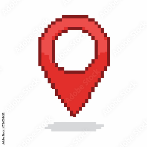 Red pixelated map marker icon with white center casting a faint grey shadow below