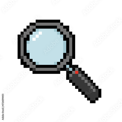 A pixelated magnifying glass with gray frame light blue lens and dark gray handle with a red detail