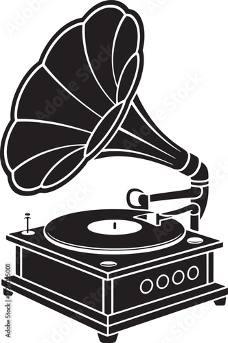 Black and white illustration of an antique gramophone with a large horn and turntable vintage music