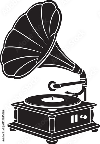 Black and white silhouette of a vintage gramophone with a horn and turntable antique music