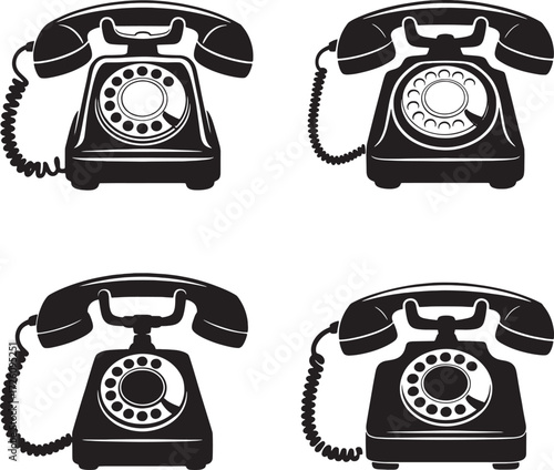 Four black silhouette vintage rotary telephones on white background dial retro