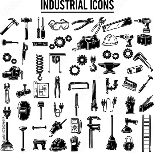 Industrial Icons: A comprehensive collection of monochrome vector graphics showcasing various construction, repair, and maintenance tools and equipment.