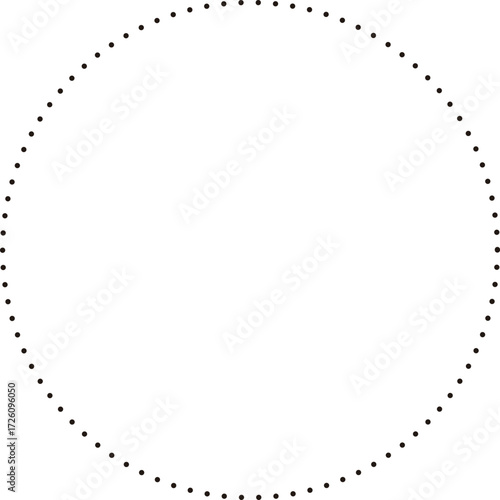 This is a minimalist graphic image featuring a large circle composed entirely of small, black dots. These dots are evenly spaced and form a perfect circular outline against a plain.